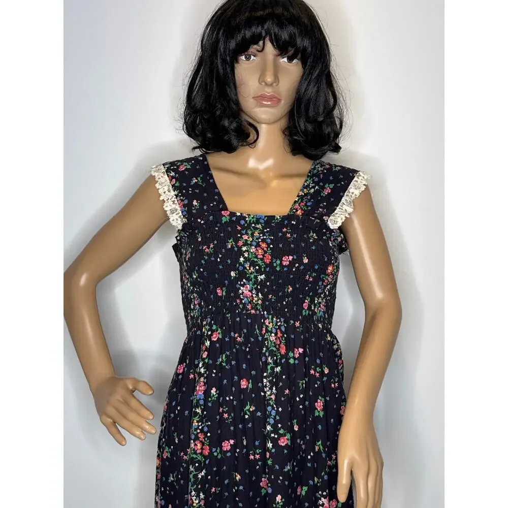 Vintage 70s The Fig Leaf Floral Smocked Cottagecore Prairie Midi Cotton Dress XS